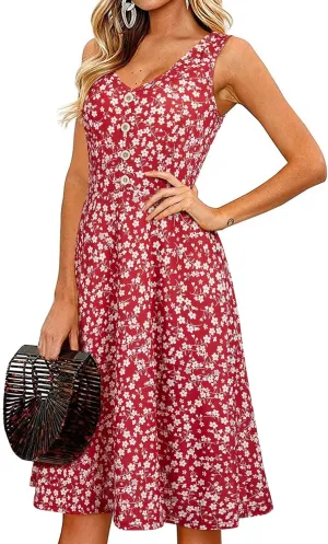 II ININ Women's 2025 Sundresses Casual Summer Tank Dress V Neck Sleeveless Button Down Midi Floral Beach Dress with Pockets