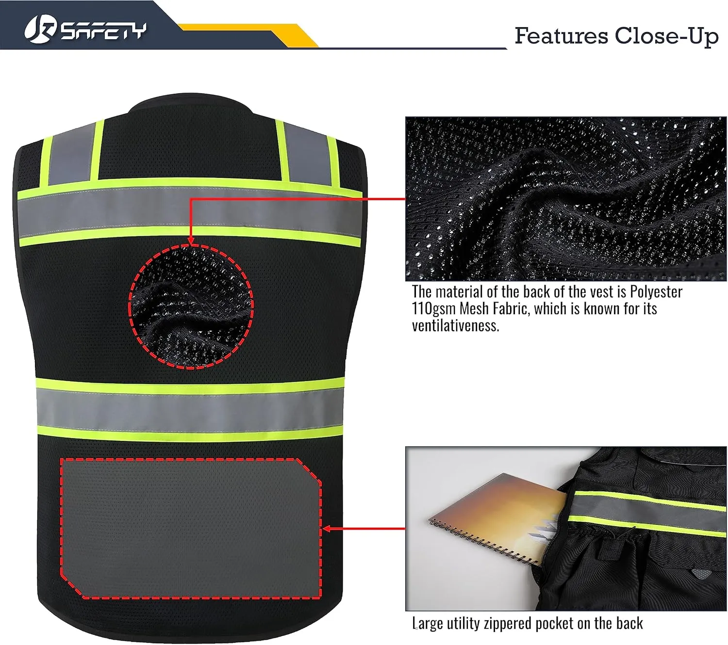 JKSafety Hi-Vis Black Surveyor Safety Vest for Men Women High Visibility Reflective Construction Vest Mesh Cushioned Collar Heavy Duty PPE Inner Pockets ANSI/ISEA Compliant(188-Black L)