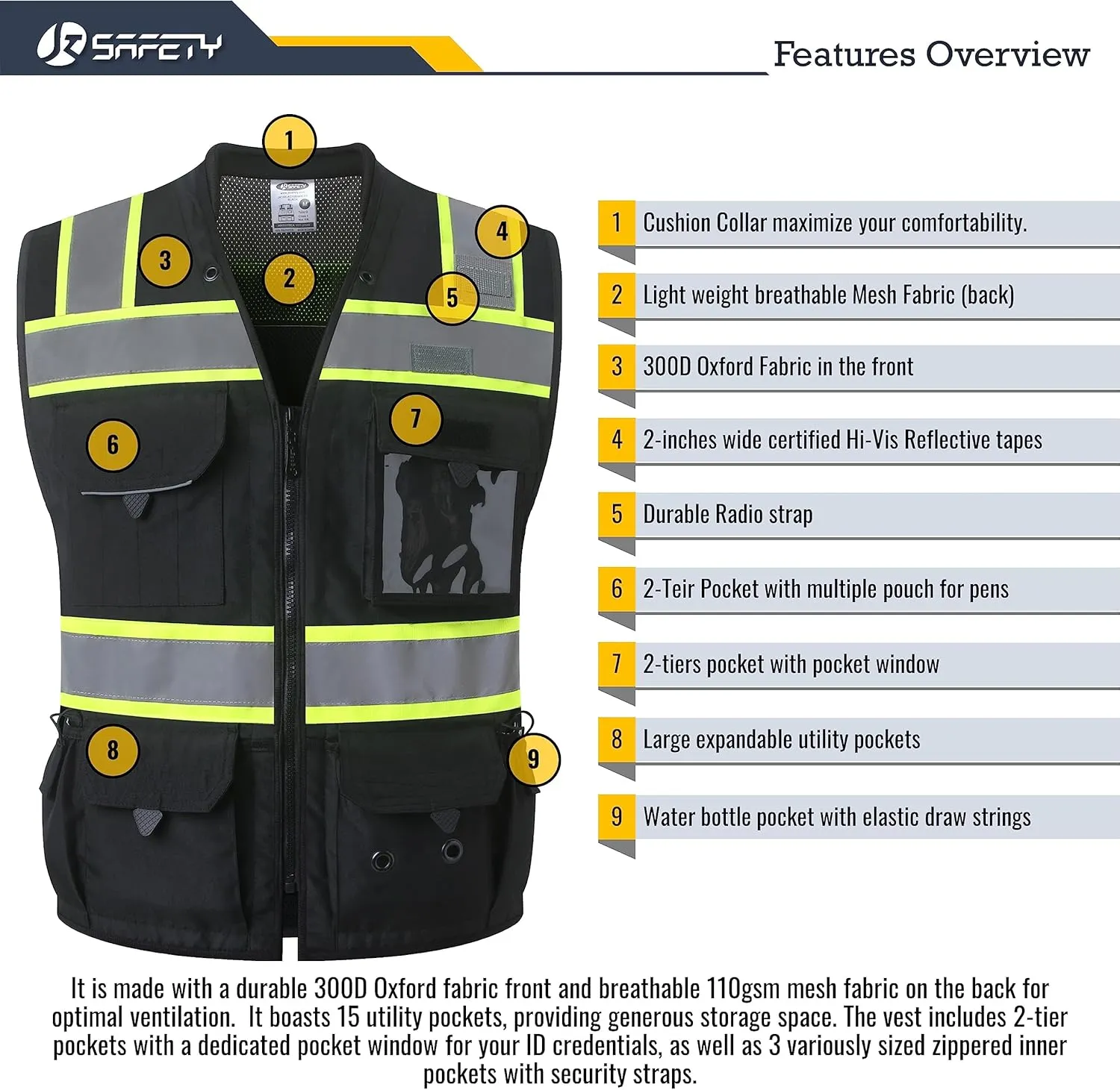 JKSafety Hi-Vis Black Surveyor Safety Vest for Men Women High Visibility Reflective Construction Vest Mesh Cushioned Collar Heavy Duty PPE Inner Pockets ANSI/ISEA Compliant(188-Black L)