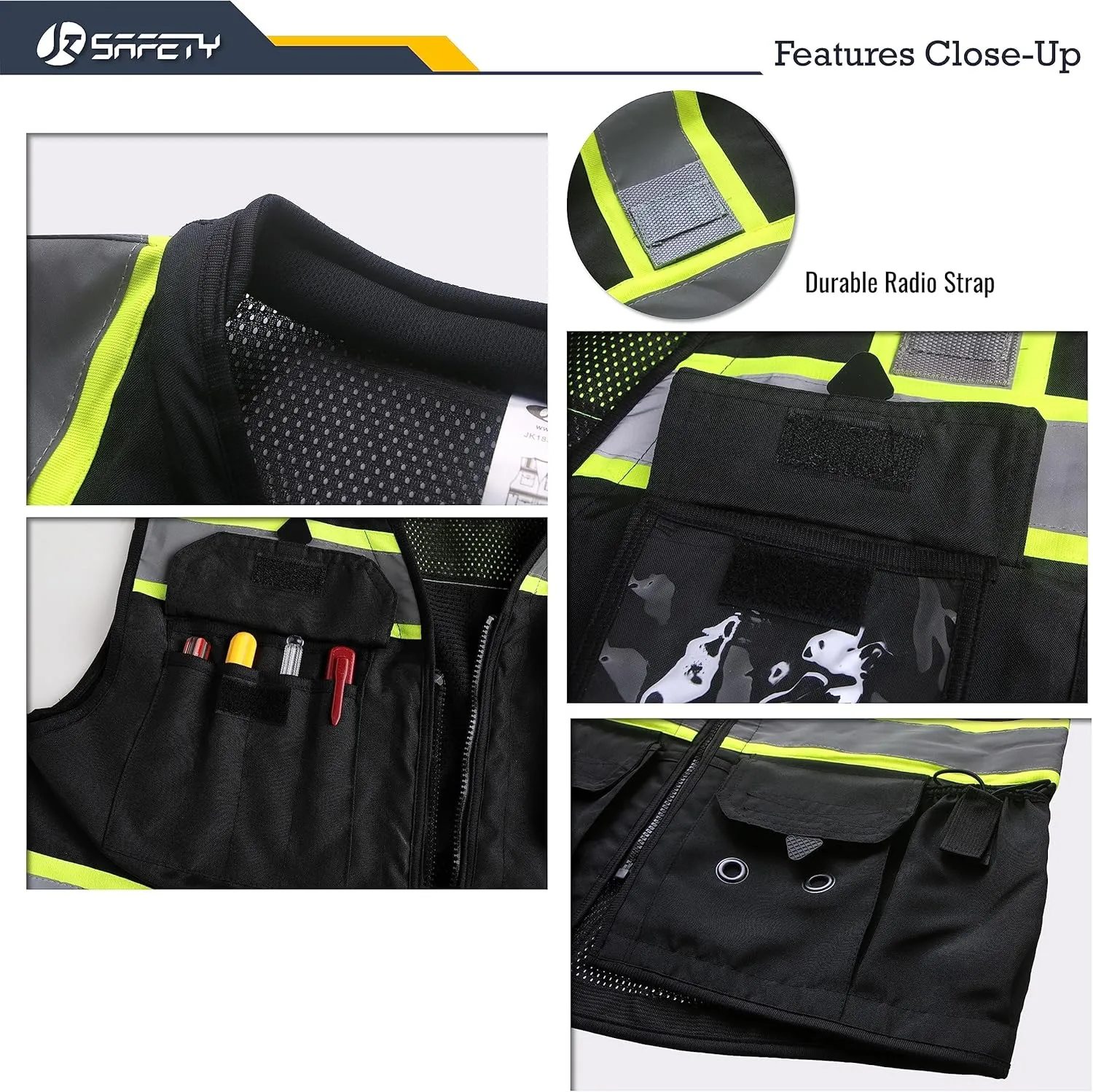 JKSafety Hi-Vis Black Surveyor Safety Vest for Men Women High Visibility Reflective Construction Vest Mesh Cushioned Collar Heavy Duty PPE Inner Pockets ANSI/ISEA Compliant(188-Black L)