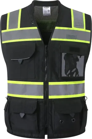 JKSafety Hi-Vis Black Surveyor Safety Vest for Men Women High Visibility Reflective Construction Vest Mesh Cushioned Collar Heavy Duty PPE Inner Pockets ANSI/ISEA Compliant(188-Black L)