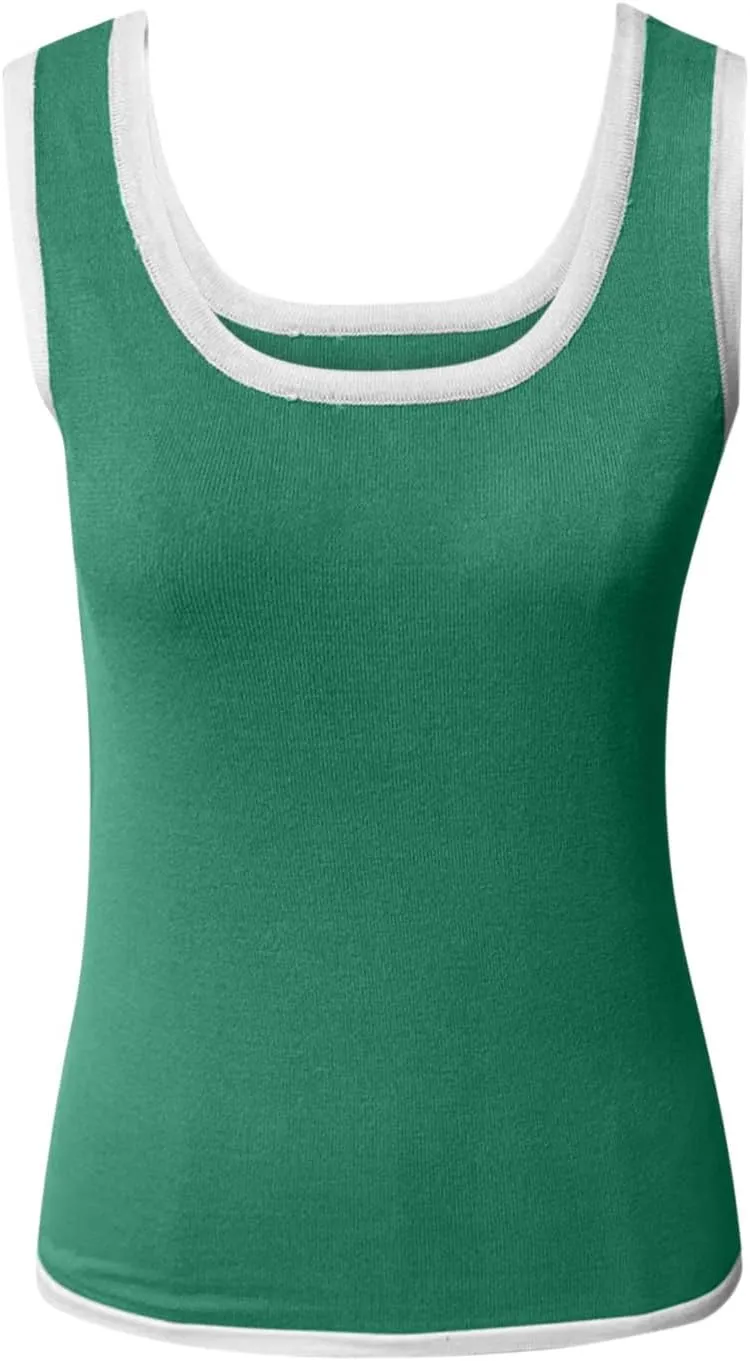 Knit Tank Tops for Women Summer Racer Back White Trim Vest Crewneck Sleeveless Tops Light Track Breathable Shirts
