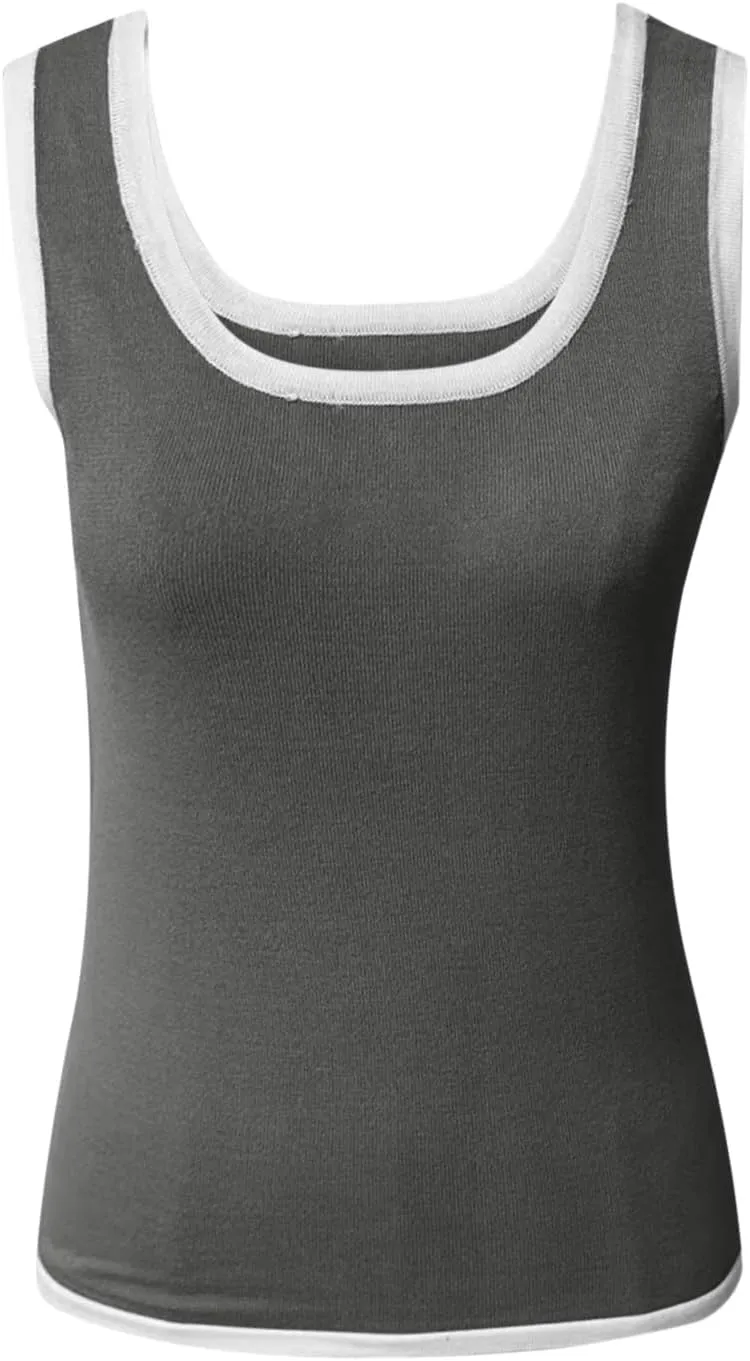 Knit Tank Tops for Women Summer Racer Back White Trim Vest Crewneck Sleeveless Tops Light Track Breathable Shirts