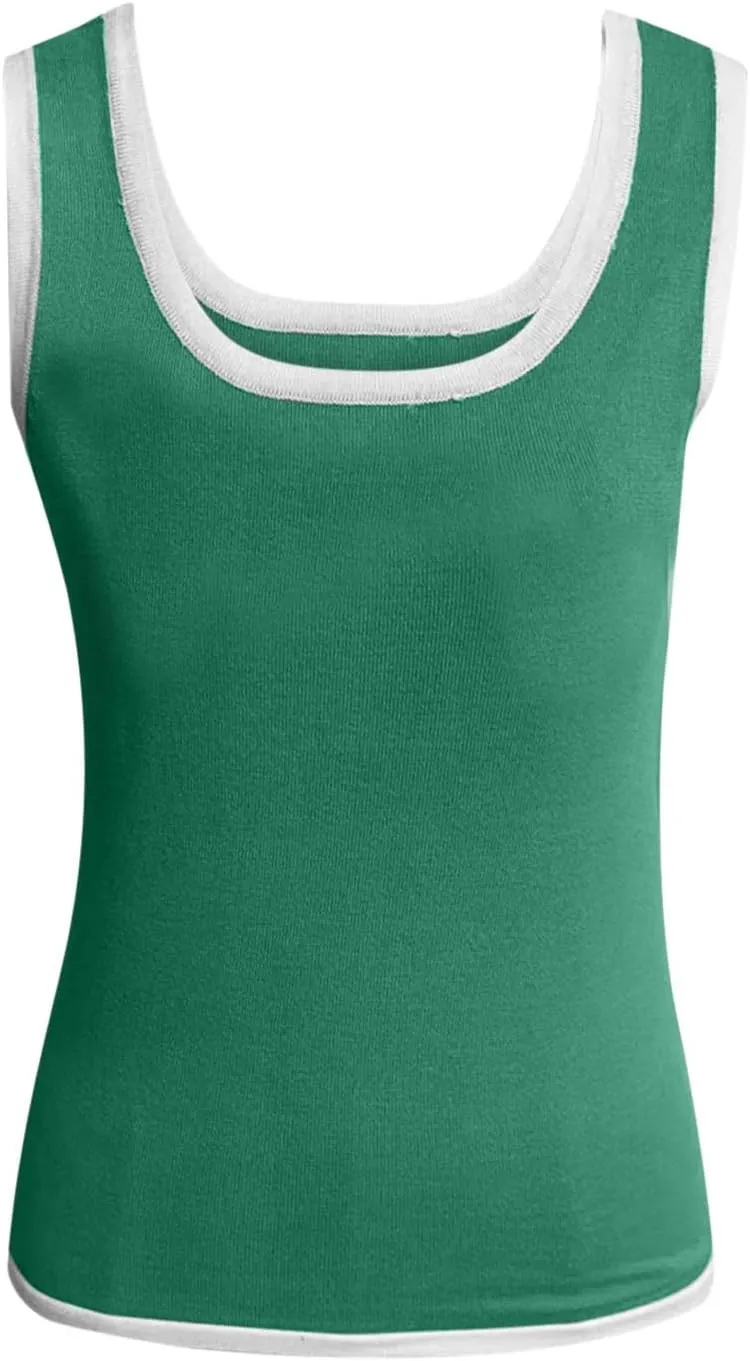 Knit Tank Tops for Women Summer Racer Back White Trim Vest Crewneck Sleeveless Tops Light Track Breathable Shirts