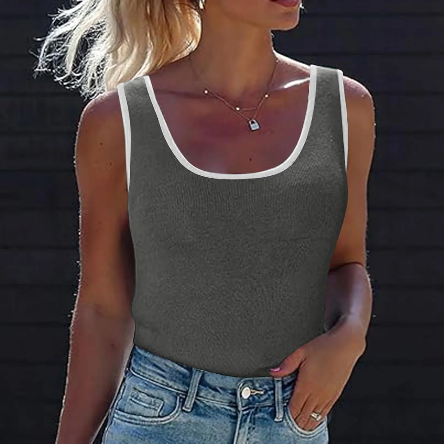 Knit Tank Tops for Women Summer Racer Back White Trim Vest Crewneck Sleeveless Tops Light Track Breathable Shirts