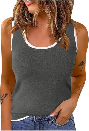Knit Tank Tops for Women Summer Racer Back White Trim Vest Crewneck Sleeveless Tops Light Track Breathable Shirts