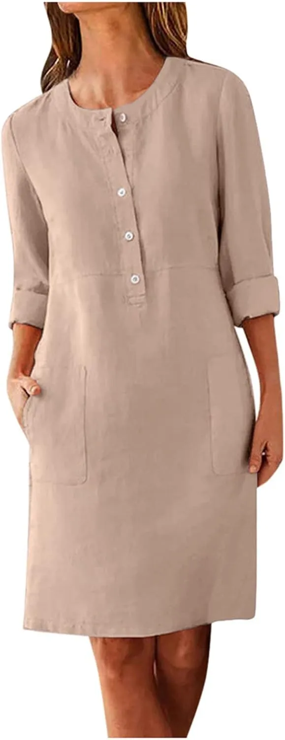 Linen Cotton Dress for Women 2025 Button Shirt Dress Long Sleeve Round Neck Dressy Casual Mini Dresses with Pockets