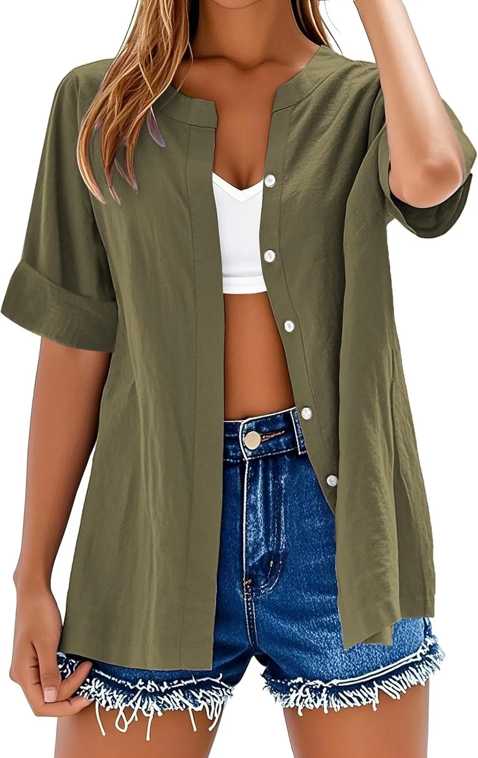 Linen Shirts for Women Summer Boho Short Tops Elbow Sleeve Button Dress Shirt Plus Size Casual Vneck Loose Work Shirt