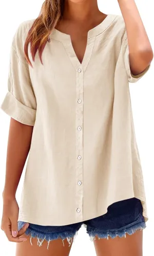 Linen Shirts for Women Summer Boho Short Tops Elbow Sleeve Button Dress Shirt Plus Size Casual Vneck Loose Work Shirt