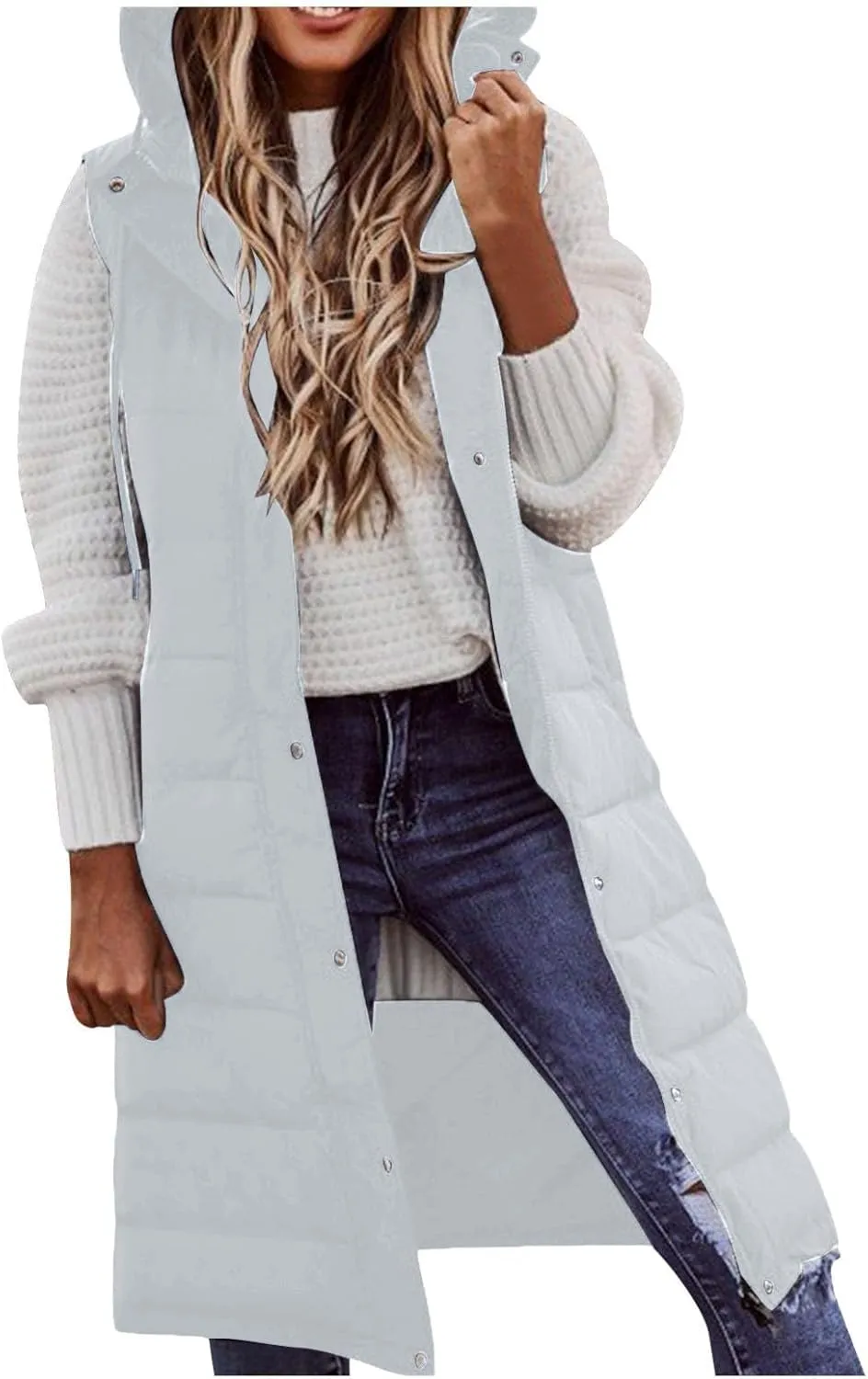 Long Puffer Vest Women 2025 Zipper Sleeveless Quilted Vests Hooded Mid-length Outwear with Pockets