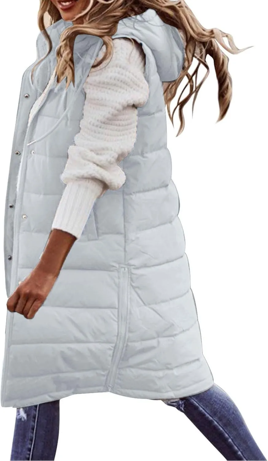 Long Puffer Vest Women 2025 Zipper Sleeveless Quilted Vests Hooded Mid-length Outwear with Pockets