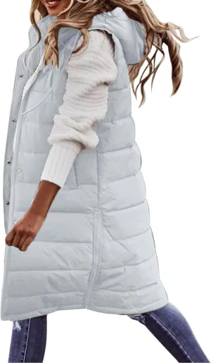 Long Puffer Vest Women 2025 Zipper Sleeveless Quilted Vests Hooded Mid-length Outwear with Pockets