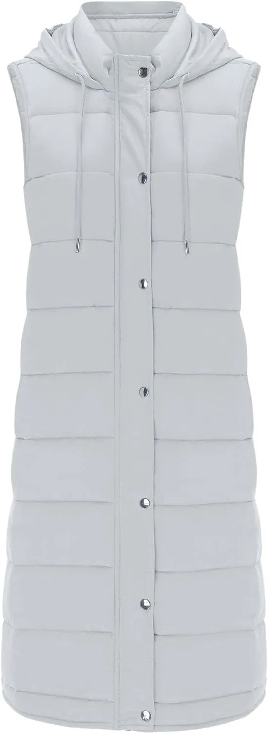 Long Puffer Vest Women 2025 Zipper Sleeveless Quilted Vests Hooded Mid-length Outwear with Pockets