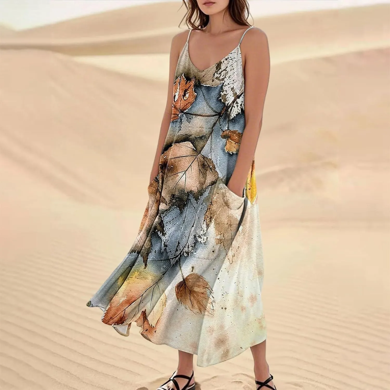 Maxi Dresses for Women Summer Sleeveless Beach Vacation Dress Casual O Neck Tank Dress Loose Sundress with Pockets