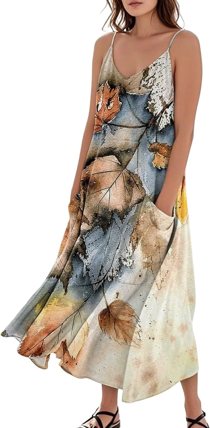 Maxi Dresses for Women Summer Sleeveless Beach Vacation Dress Casual O Neck Tank Dress Loose Sundress with Pockets