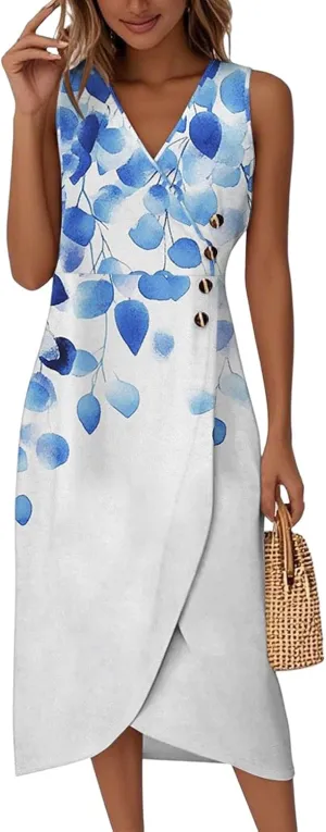 Maxi Dresses for Women Summer Sleeveless Beach Vacation Dress Wrap V Neck Tank Dress Casual Irregular Hem Sundress
