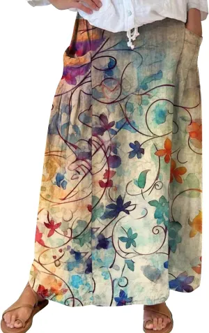 Maxi Skirts for Women Floral Print Elastic Waist Bohemian Hippie Long Skirt Vintage Boho Beach Skirts with Pockets