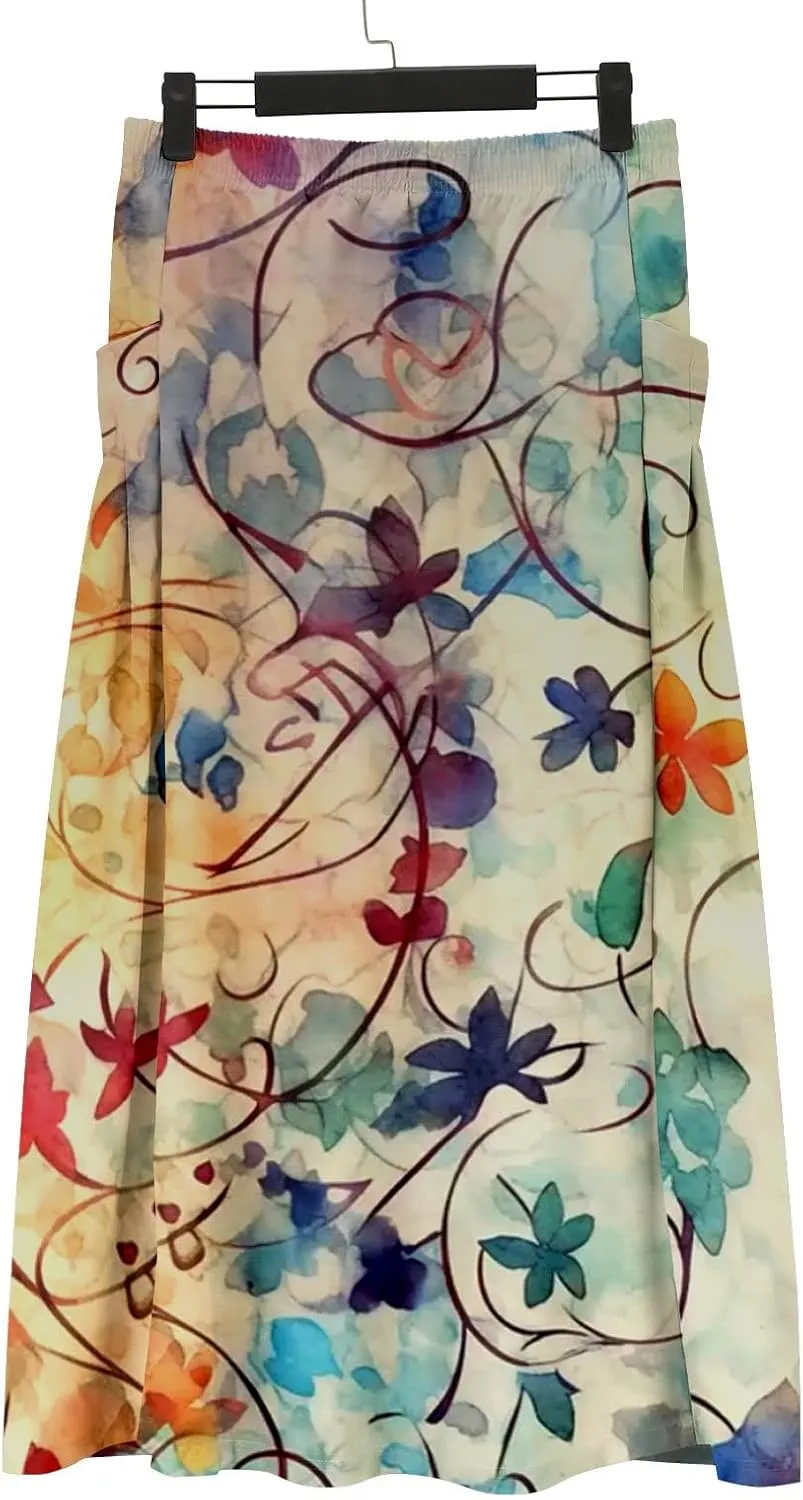 Maxi Skirts for Women Floral Print Elastic Waist Bohemian Hippie Long Skirt Vintage Boho Beach Skirts with Pockets