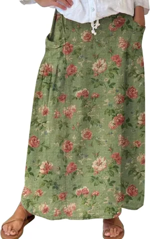 Maxi Skirts for Women Floral Print Elastic Waist Bohemian Hippie Long Skirt Vintage Boho Beach Skirts with Pockets