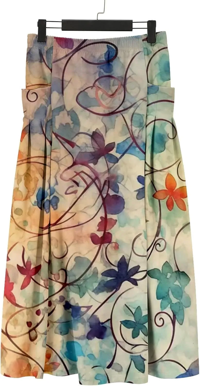 Maxi Skirts for Women Floral Print Elastic Waist Bohemian Hippie Long Skirt Vintage Boho Beach Skirts with Pockets