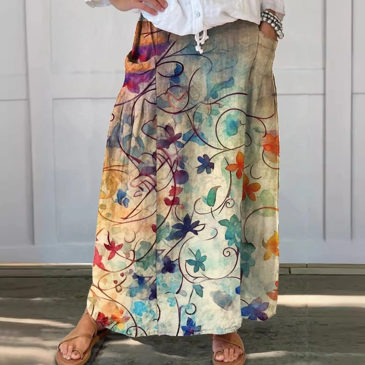 Maxi Skirts for Women Floral Print Elastic Waist Bohemian Hippie Long Skirt Vintage Boho Beach Skirts with Pockets