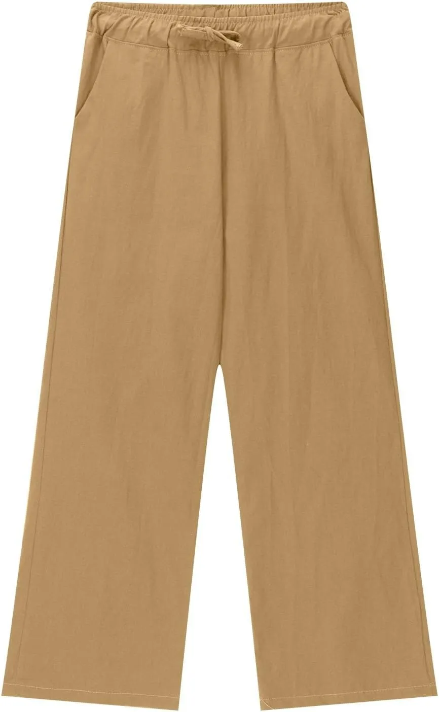 Moonker Teen Girls Linen Lightweight Trousers Drawstin Baggy Straight Wide Leg Elastic Waist Casual Girls Bell