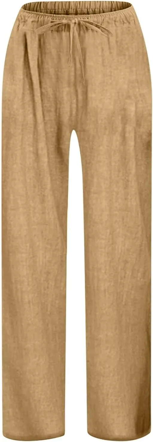 Moonker Teen Girls Linen Lightweight Trousers Drawstin Baggy Straight Wide Leg Elastic Waist Casual Girls Bell