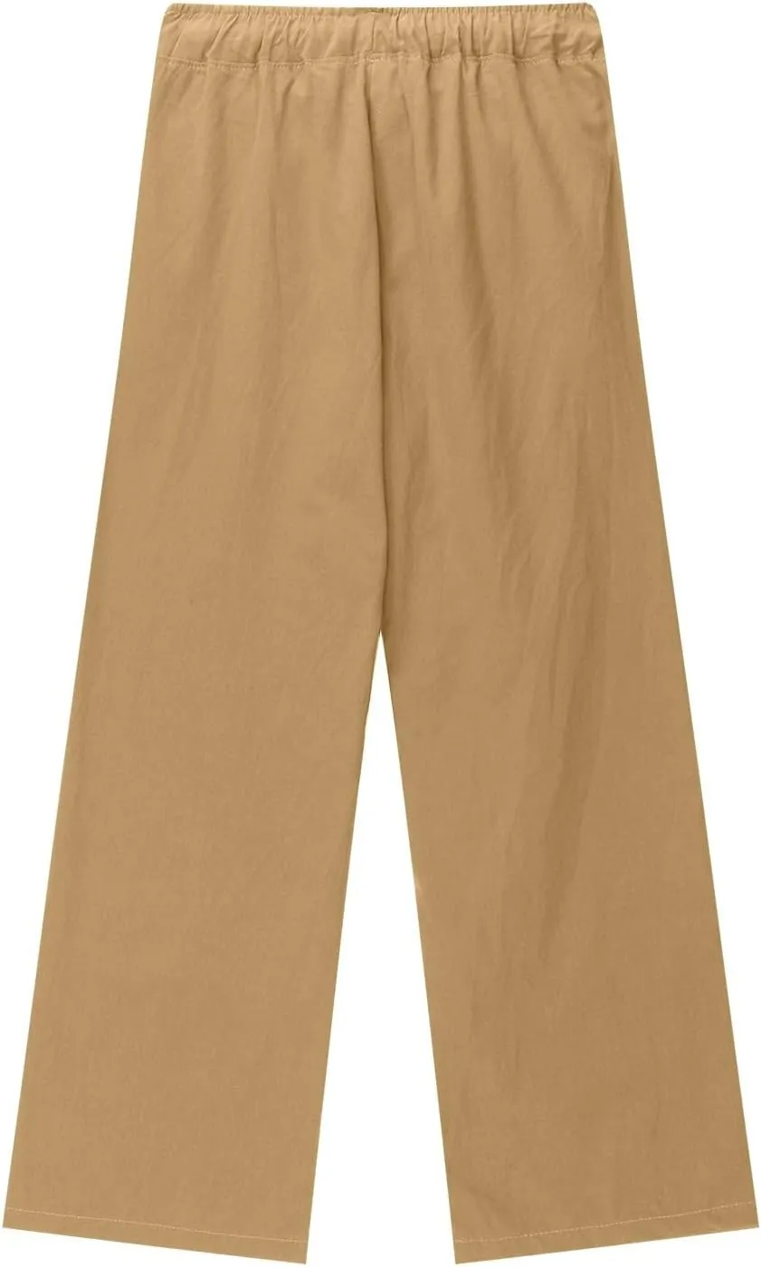 Moonker Teen Girls Linen Lightweight Trousers Drawstin Baggy Straight Wide Leg Elastic Waist Casual Girls Bell