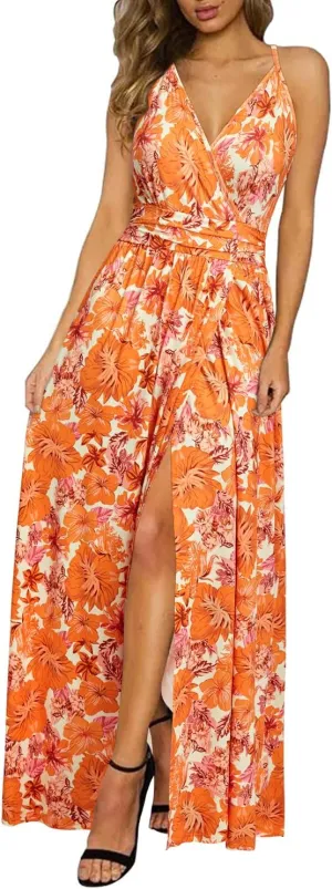 Newshows Women Summer 2025 Maxi Dress Vacation Floral Spaghetti Strap Spring Casual Boho Split Beach Long Flowy Sundress