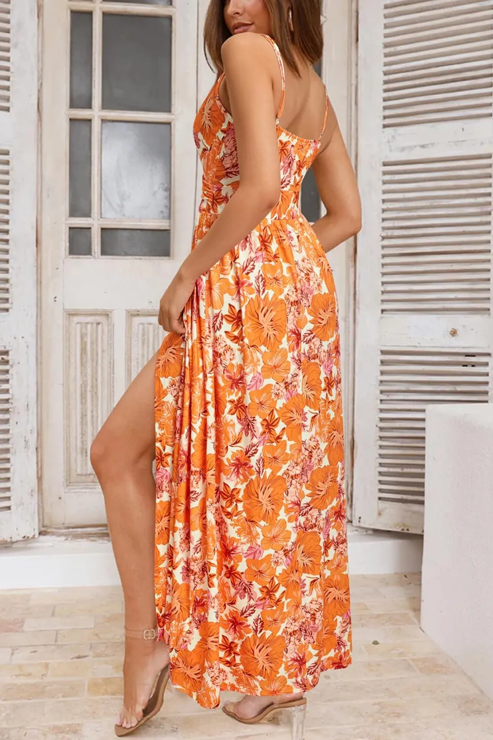 Newshows Women Summer 2025 Maxi Dress Vacation Floral Spaghetti Strap Spring Casual Boho Split Beach Long Flowy Sundress