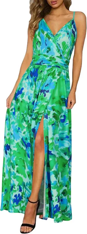 Newshows Women Summer 2025 Maxi Dress Vacation Floral Spaghetti Strap Spring Casual Boho Split Beach Long Flowy Sundress