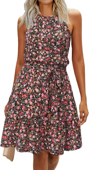 Newshows Womens 2025 Summer Dress Halter Wedding Guest Casual Beach Vacation Outfits Belted Sundresses with Pockets