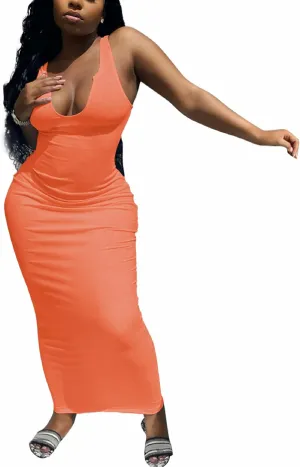 Nimsruc Women Casual Sexy Deep U Neck Tank Top Bodycon Dress Summer Sleeveless Wrap Long Basic Party Club Maxi Dresses