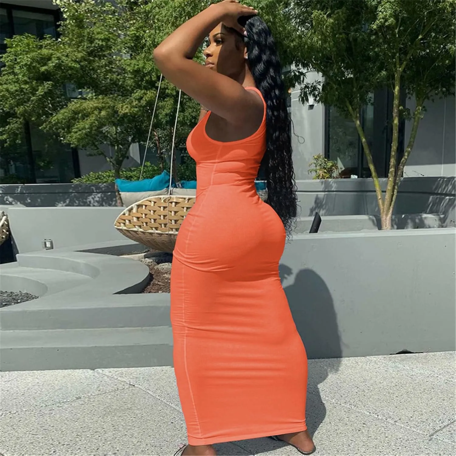 Nimsruc Women Casual Sexy Deep U Neck Tank Top Bodycon Dress Summer Sleeveless Wrap Long Basic Party Club Maxi Dresses