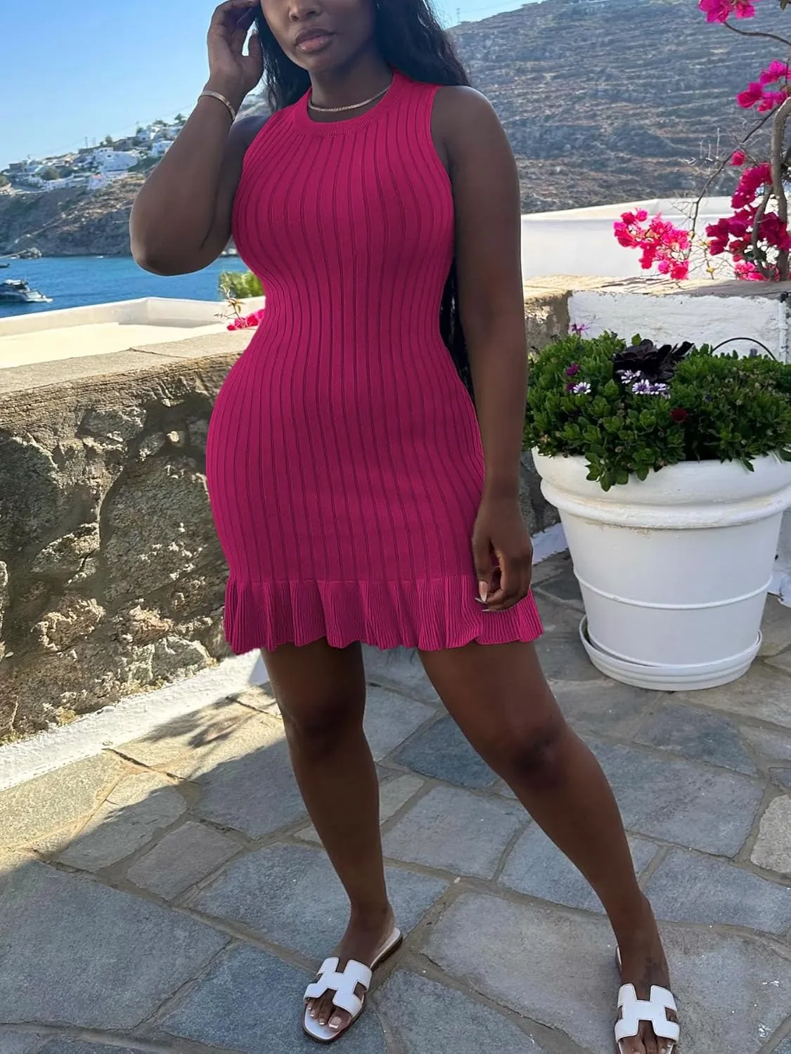 Nimsruc Women Summer Tank Dresses Sleeveless Crew Neck Casual Bodycon Mini Dress with Ruffle Hem