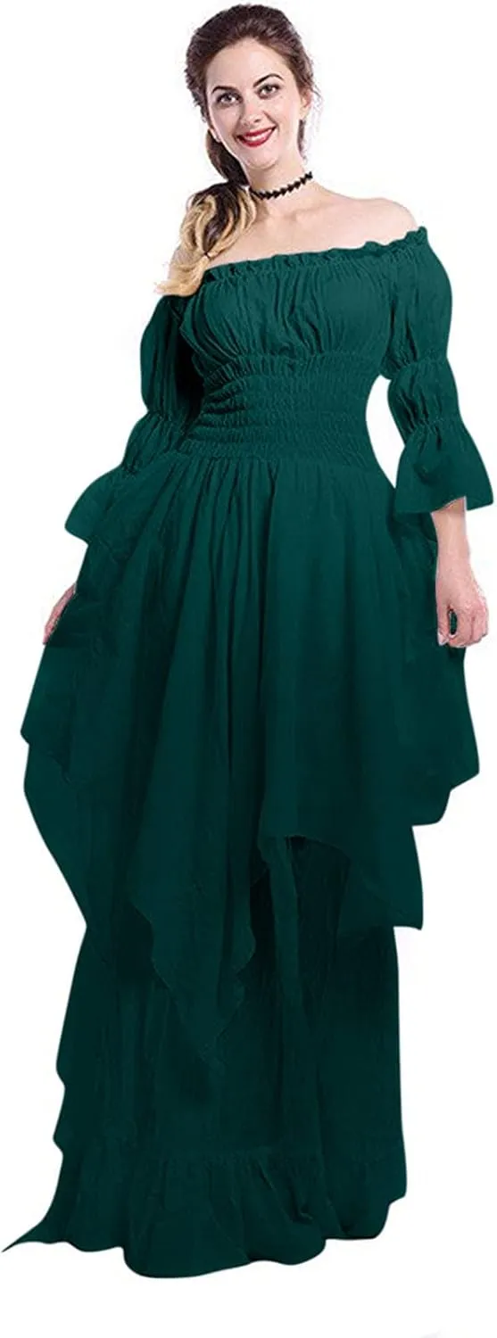 PBNBP Womens Floor Length Puff Sleeve Medieval Gowns High Low Off Shoulder Gypsy Dress Victorian Halloween Cosplay Costume