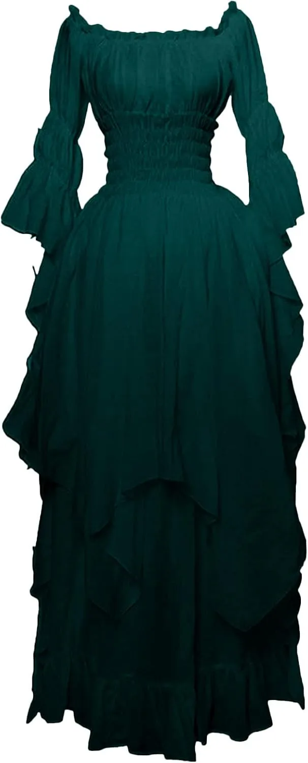 PBNBP Womens Floor Length Puff Sleeve Medieval Gowns High Low Off Shoulder Gypsy Dress Victorian Halloween Cosplay Costume
