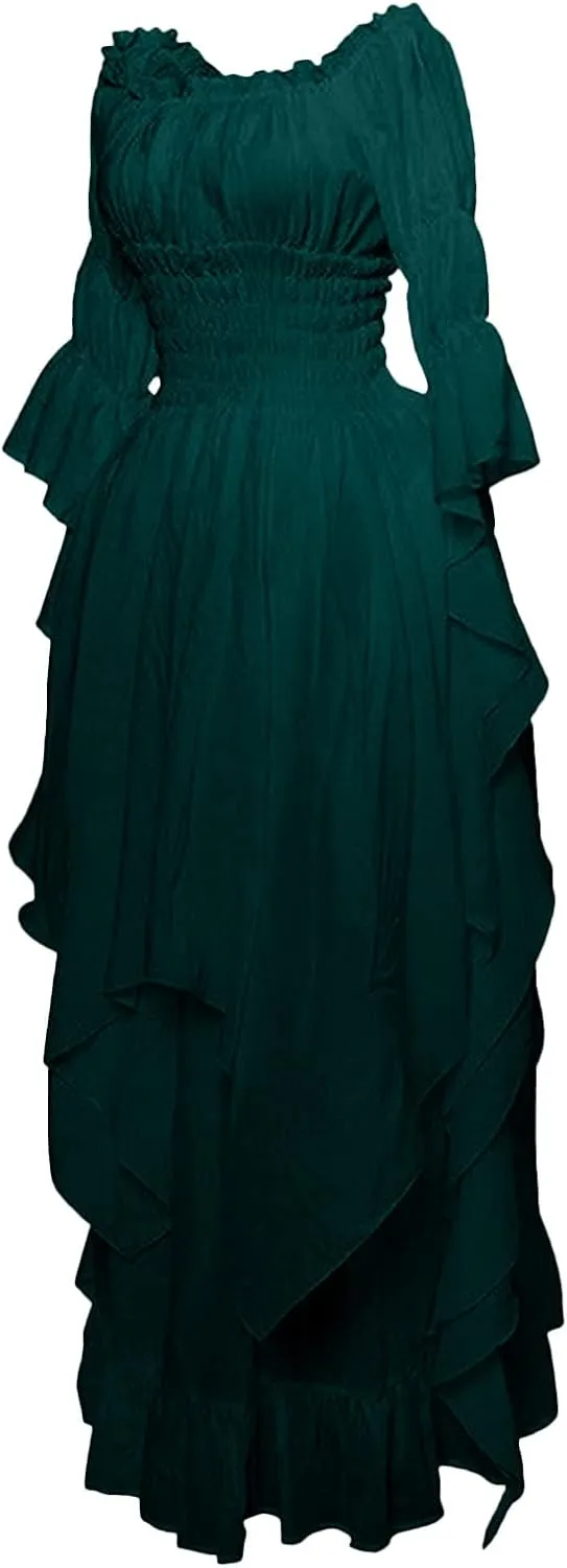 PBNBP Womens Floor Length Puff Sleeve Medieval Gowns High Low Off Shoulder Gypsy Dress Victorian Halloween Cosplay Costume