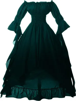 PBNBP Womens Floor Length Puff Sleeve Medieval Gowns High Low Off Shoulder Gypsy Dress Victorian Halloween Cosplay Costume