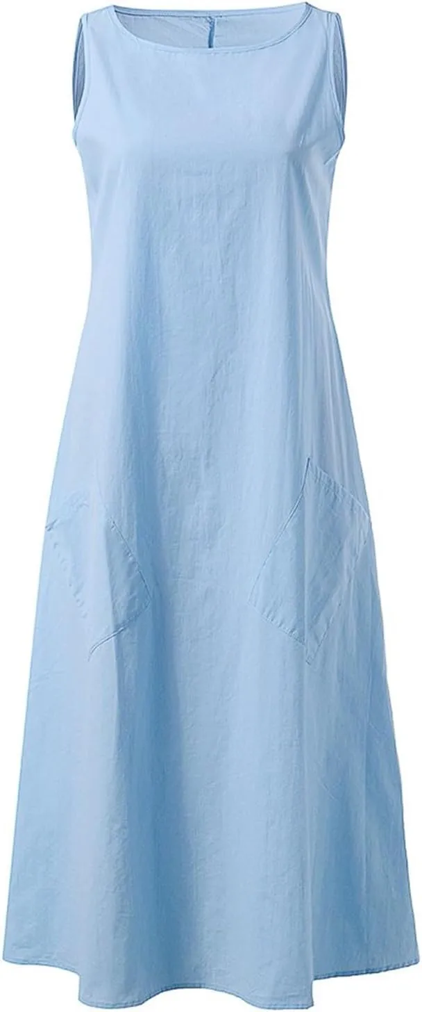 Rvidbe Women Summer Casual Cotton Linen Sleeveless Maxi Dress Crew Neck Vacation Beach Flowy Long Tank Sundress with Pockets