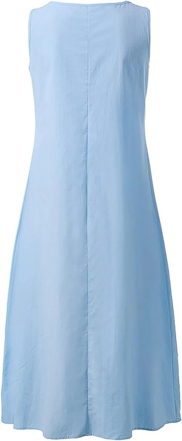 Rvidbe Women Summer Casual Cotton Linen Sleeveless Maxi Dress Crew Neck Vacation Beach Flowy Long Tank Sundress with Pockets