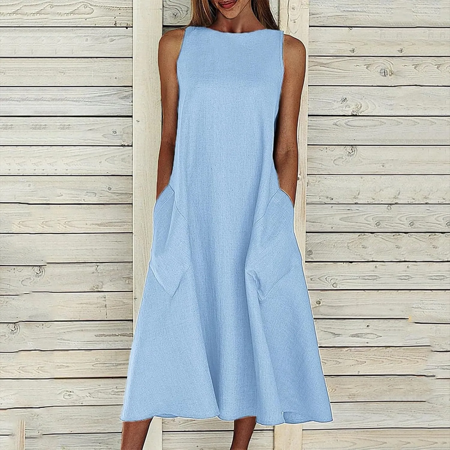 Rvidbe Women Summer Casual Cotton Linen Sleeveless Maxi Dress Crew Neck Vacation Beach Flowy Long Tank Sundress with Pockets