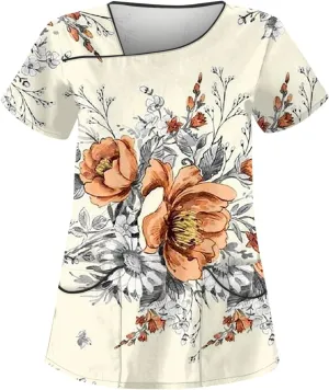 Scrubs for Women Short Sleeve Slant Collar Care Workwear Dressy Print T Shirts Classic Scrubs Tops with 4 Pockets