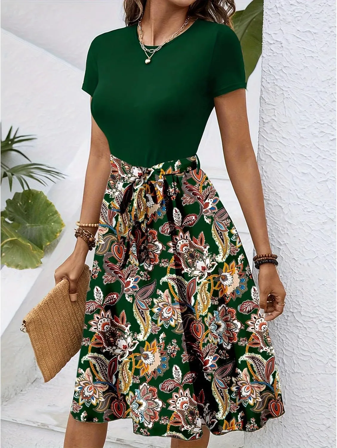 Short Sleeve Dress for Women Empire Waist Summer Floral Dresses Flowy Crewneck Midi Length Belted Women's Sundresses