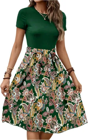 Short Sleeve Dress for Women Empire Waist Summer Floral Dresses Flowy Crewneck Midi Length Belted Women's Sundresses