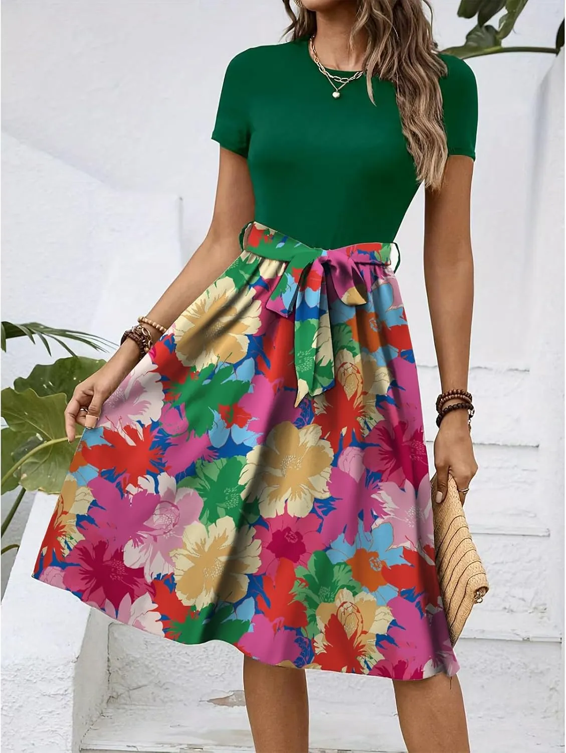 Short Sleeve Dress for Women Summer Empire Waist Belted Semi Formal Floral Dresses Flowy Midi Length Sundresses