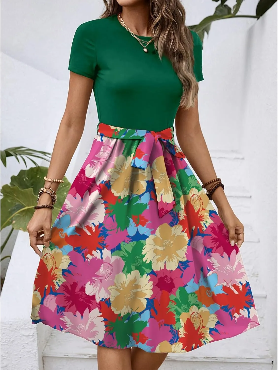 Short Sleeve Dress for Women Summer Empire Waist Belted Semi Formal Floral Dresses Flowy Midi Length Sundresses