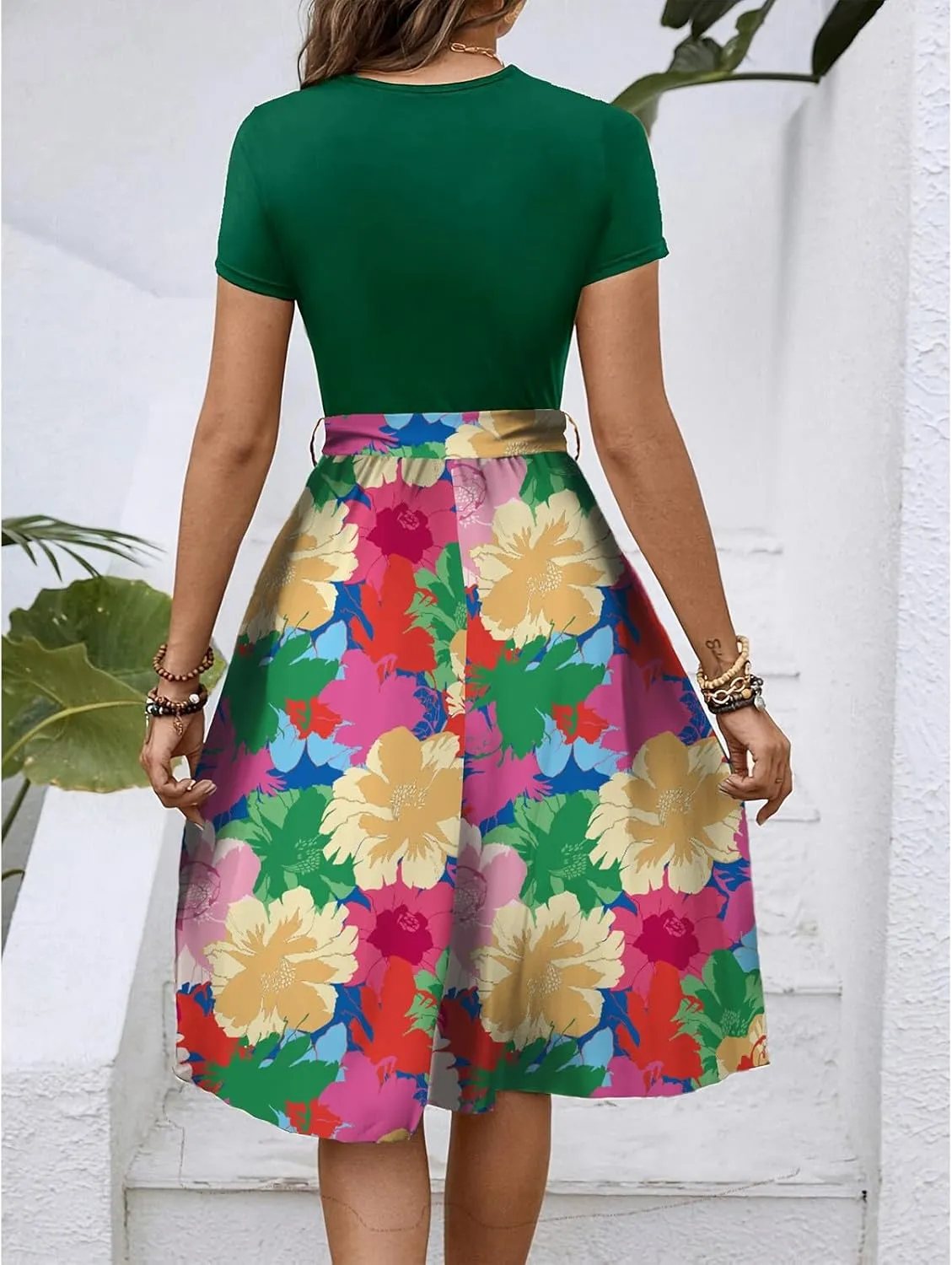 Short Sleeve Dress for Women Summer Empire Waist Belted Semi Formal Floral Dresses Flowy Midi Length Sundresses