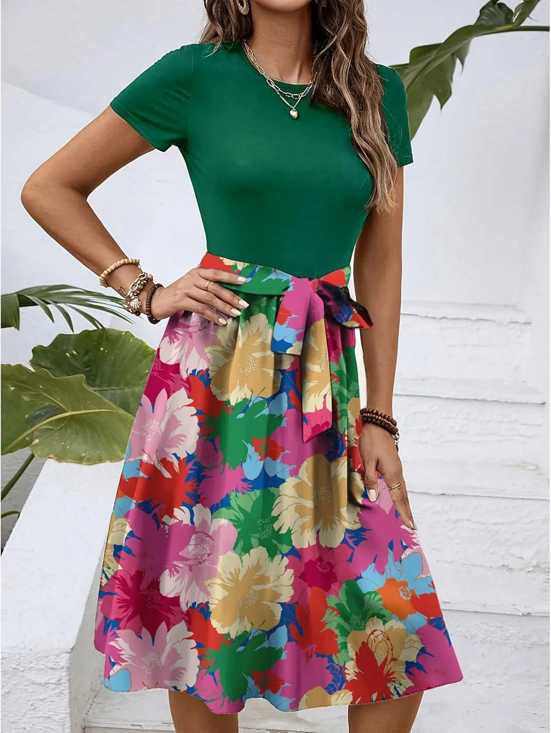 Short Sleeve Dress for Women Summer Empire Waist Belted Semi Formal Floral Dresses Flowy Midi Length Sundresses
