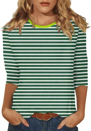 slqdgmryz 3/4 Length Sleeve Womens Tops Summer Three Quarter Striped Shirts Dressy Casual Printed Tunic Tops Women Blouses
